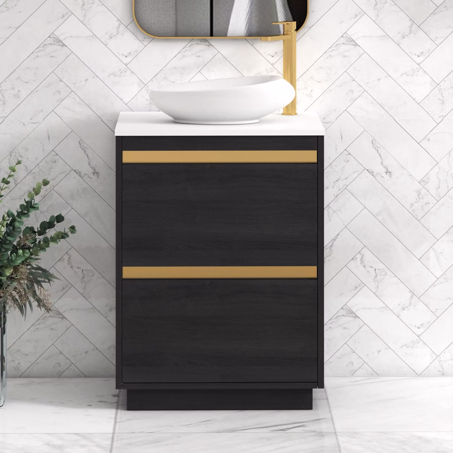 Royal Bathrooms Orion 600mm Hale Black Floor Standing 2 Drawer Vanity Unit with Nova Basin and Brushed Brass Accent Trim in Plain White