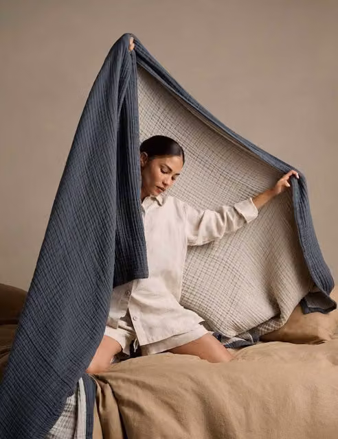 Bedfolk Reversible Extra Large Waffle Pique Cotton Throw in Blue Checked Mix
