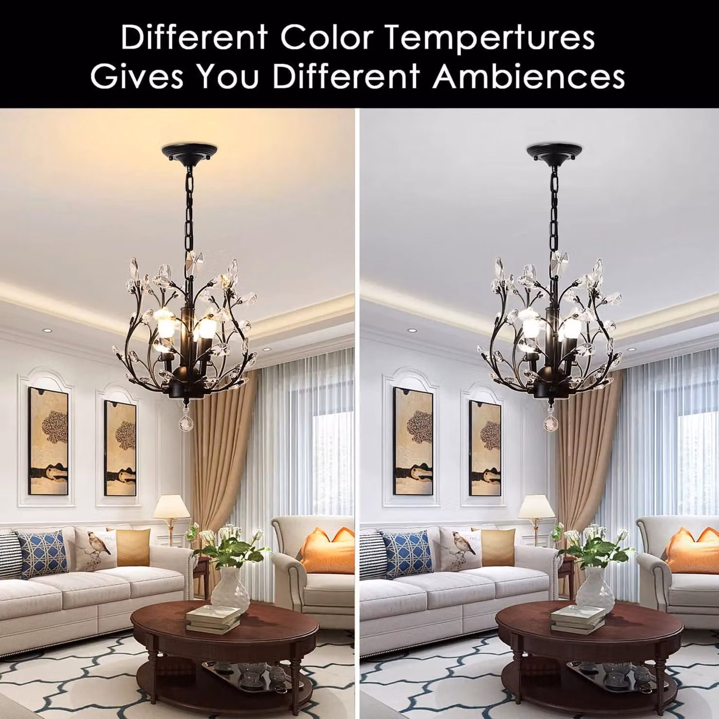 Garwarm Clear Crystal 3-Light Pendant Chandelier in Black with Transparent Glass for Living Rooms and Dining Rooms – 3