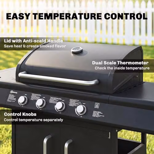 Outsunny 4+1 Burner Gas BBQ Grill with Side Burner, Warming Rack and Thermometer, Black – 4