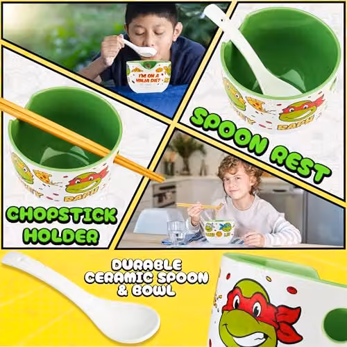 Get Trend Teenage Mutant Ninja Turtles Ramen Bowl Set, Multicolour Ceramic Bowl with Spoon and Bamboo Chopsticks, 600ml – 3