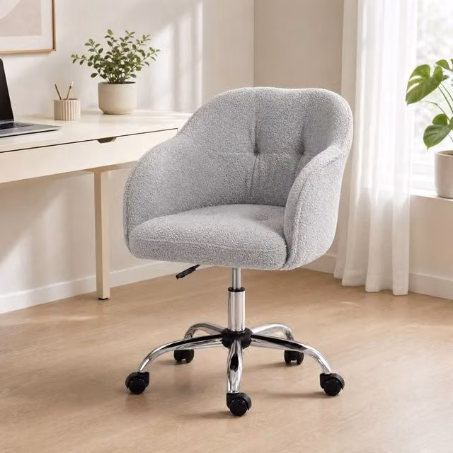 STILVORA Grey Bouclé Fabric Swivel Task Chair for Home Office, W/D/H: 61 x 56 x 86 cm