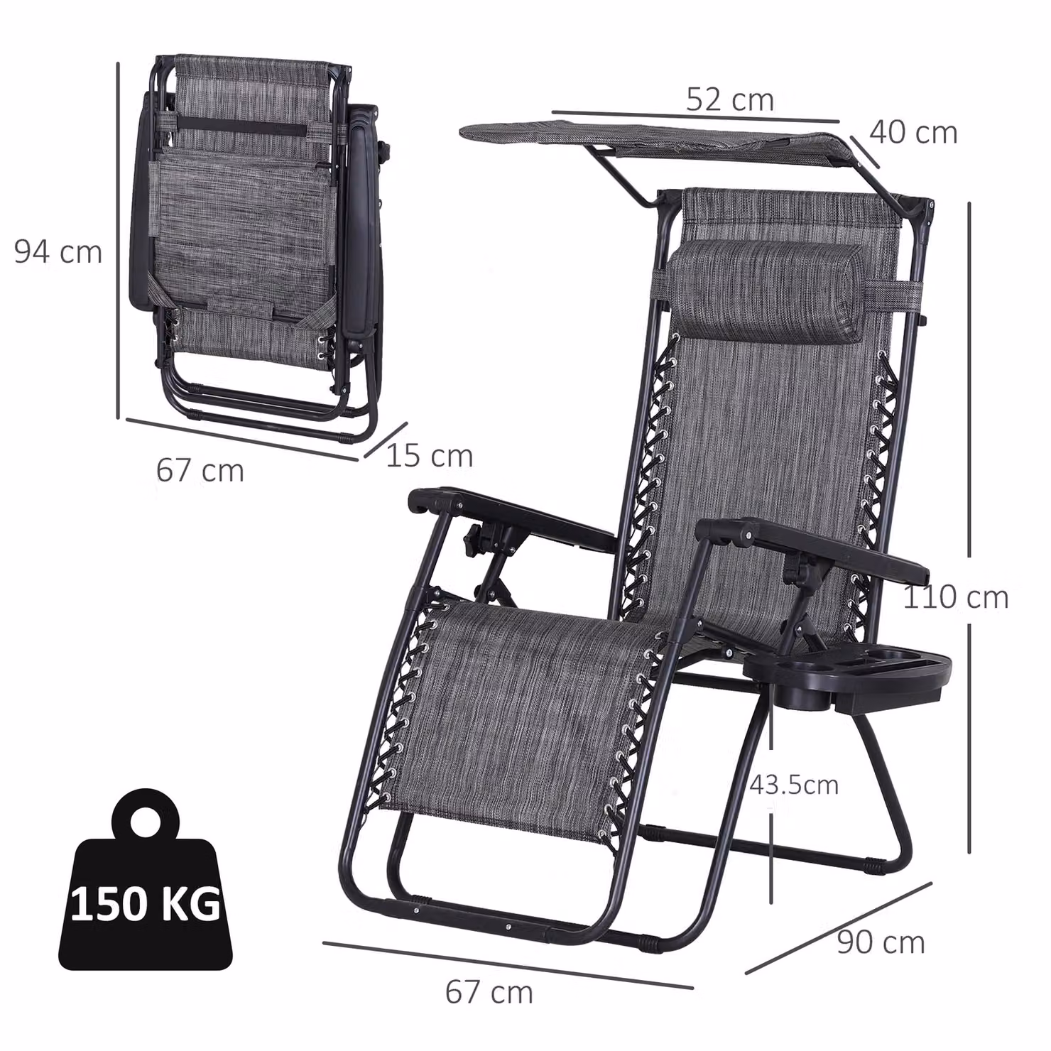Outsunny 2 Piece Set of Foldable Zero Gravity Reclining Garden Sun Loungers with Adjustable Headrests, Armrests and Cup Holders – 3