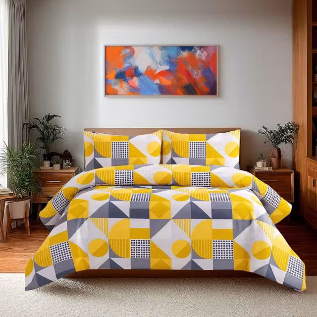 Snug City Super King Polycotton Duvet Cover and Pillowcase Set in Yellow with Graphic Shape Design