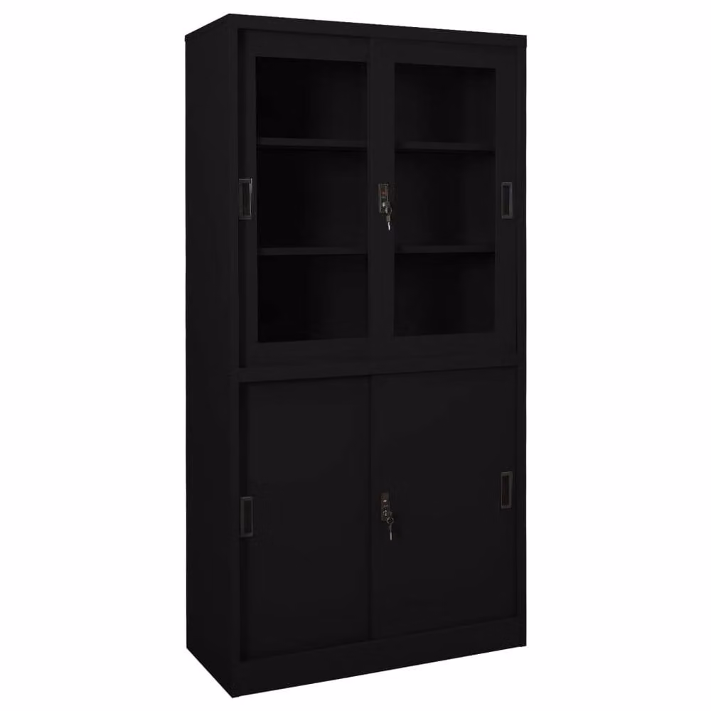 Berkfield Modern Home Office Cabinet in Matt Black with Sliding Glass Doors and Adjustable Shelves, W/D/H: 90 x 40 x 180 cm – 2