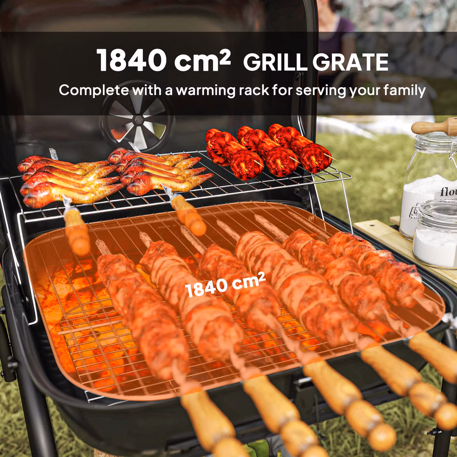 Outsunny Red Charcoal Barbecue Grill with 1840 cm² Cooking Area, Warming Rack and Wheels – 4