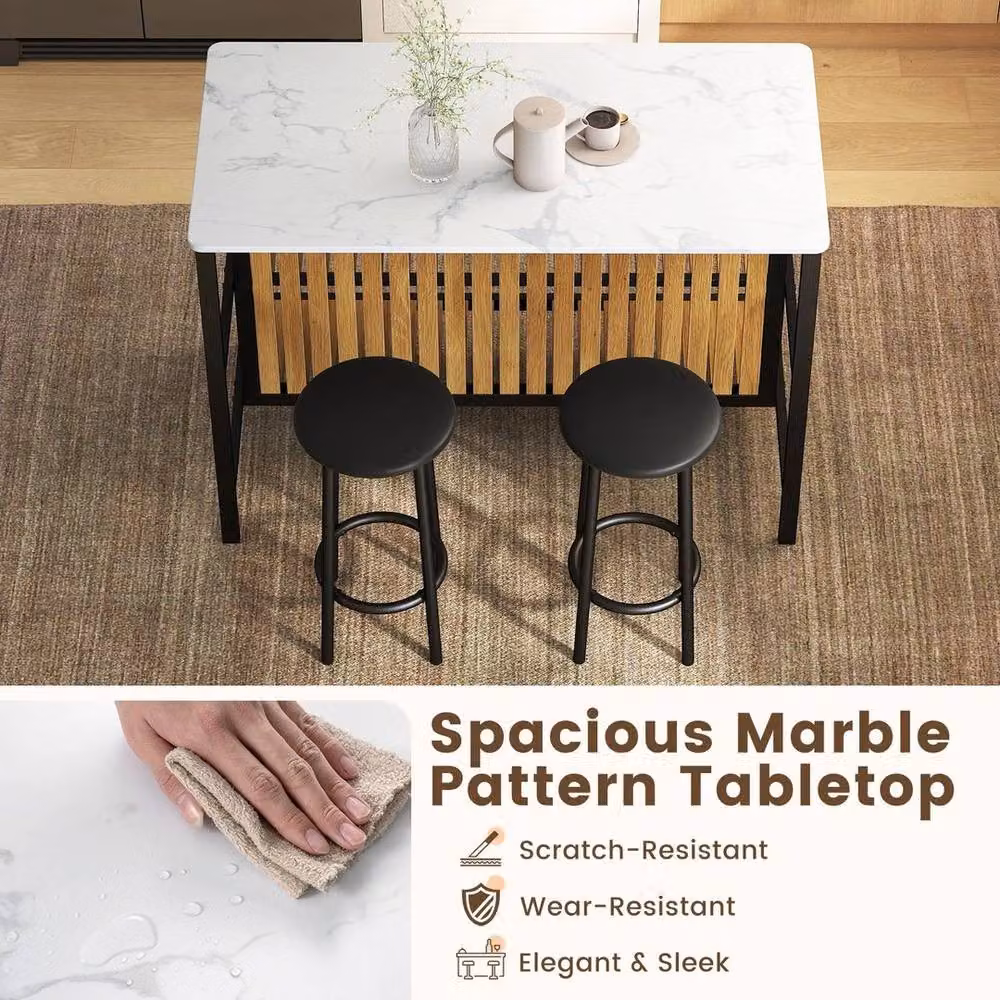 SPETLEK Modern White Kitchen Island and Bar Stool Set with Marble Effect Table and 2 Stools – 3