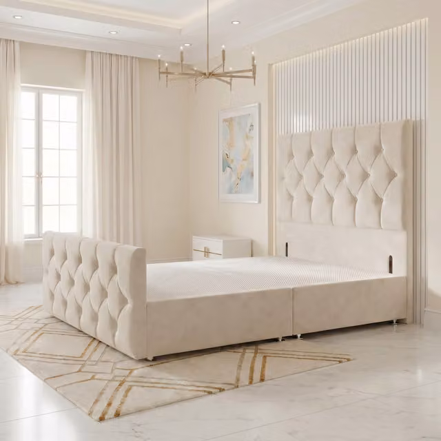 Somnior Beds Ltd Chesterfield Velvet Single Divan Bed Base with Drawers and Upholstered Headboard in Ivory