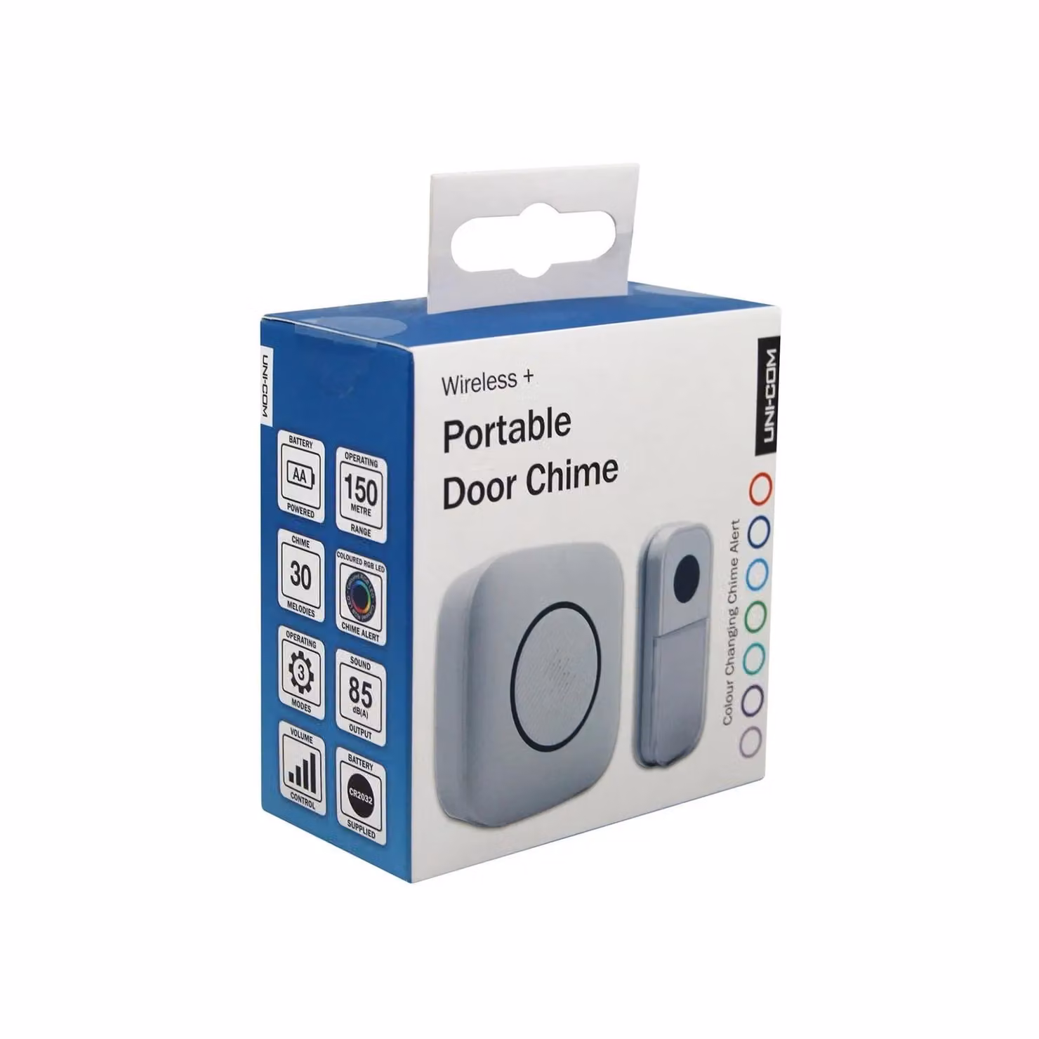 Uni-Com Wireless Battery Operated Portable Doorbell in White and Multicolour – 2