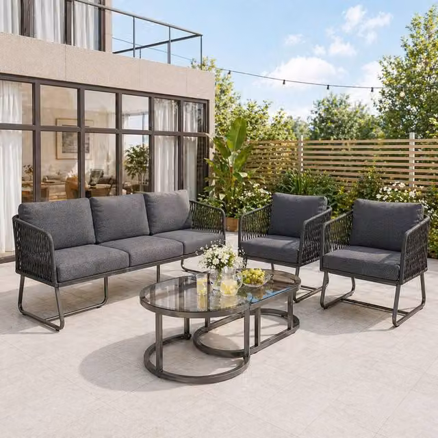 Merax Grey Outdoor Garden Furniture Lounge Set with Glass Coffee Table