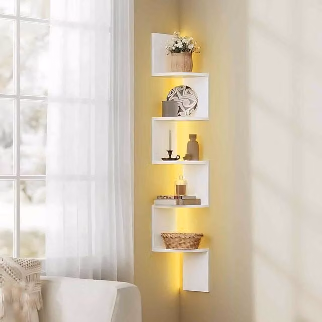 The Bazaarist 5 Tier White Floating Corner Shelf with Integrated RGB LED Lights
