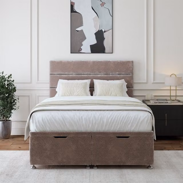 Bedmaster Silver Chenille Upholstered Ottoman Divan Base and Lined Headboard, W/D/H: 140 x 200 cm – 1