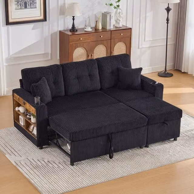 Rolipo Corduroy Sofa Bed with Storage, USB Charging, LED Lighting and Cup Holder in Black – 1