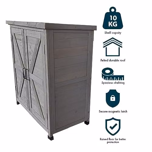 AIRWAVE Grey Wooden Garden Storage Tool Shed with Internal Shelves and Hinged Doors, Spruce Wood, W/D/H: 80 x 45 x 92 cm – 2