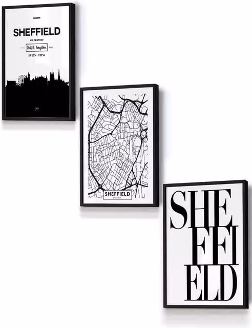 ARTZE Sheffield Skyline Street Map City Print Framed Wall Art in Black, W: 33 cm, H: 45 cm, D: 2 cm