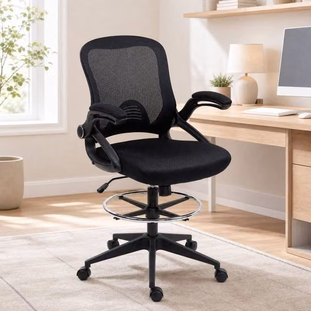 STILVORA Black Fabric Drafting Chair with Flip-up Armrests and Foot Ring – 1