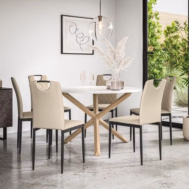 More4Homes Malvern Round Marble Effect Dining Table Set with 6 Monza Chairs in Beige and White