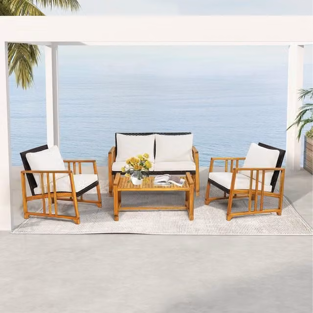 Costway 4 Piece Modern White Patio Sofa Set with Acacia Wood and Rattan