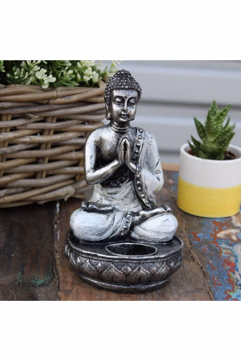 KDMD Bali Hand-Painted Buddha Tealight Candle Holder in White and Grey – 3
