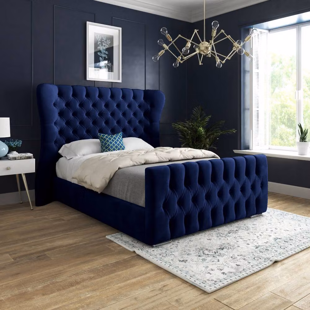 Casani Reedham Super King Upholstered Velvet Bed Frame in Blue, W/D/H: 200 x 189 x 137 cm – 2