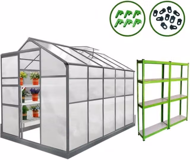 Monstershop Silver Polycarbonate Greenhouse with Racking and Sliding Windows