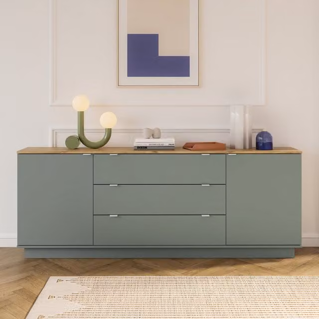 Furniture To Go Ganymede Large Sideboard with 3 Drawers and 2 Doors in Mauvella Oak and Sage Green