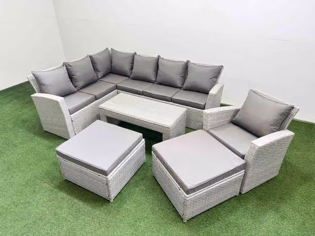 Fimous Outdoor 9 Seater Corner Sofa Set with Chair and 2 Stools in Light Grey