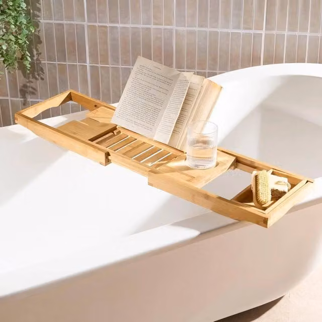 PAWNORA Extendable Bamboo Bath Tray in Natural Brown and Beige