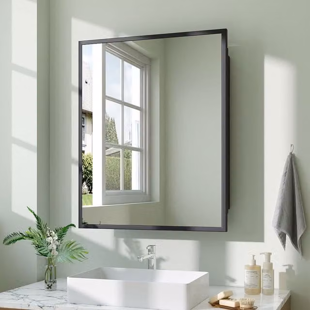 Livingandhome Modern Black Wall Mounted Bathroom Storage Mirror Cabinet with Glass Doors and Internal Shelves, Width: 61 cm