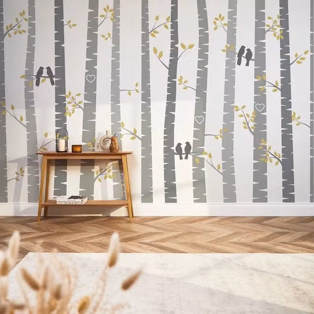 I Love Wallpaper Lovebirds Full Wall Mural in Yellow and Grey, Width: 350 cm