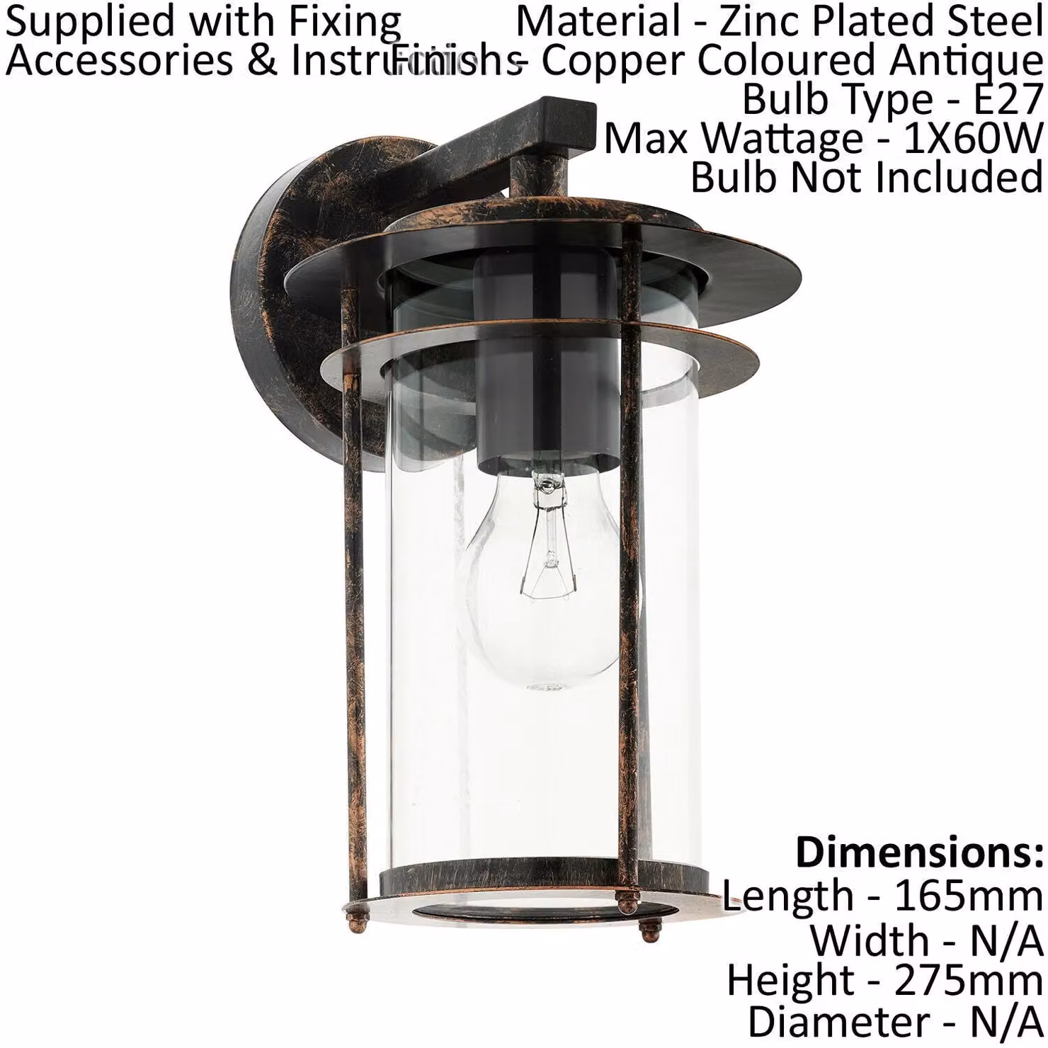 Loops IP44 Outdoor Wall Light in Antique Copper with Transparent Glass Shade, E27 60W Compatible – 2
