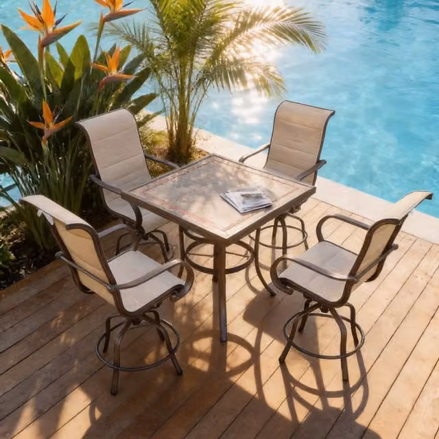 FURNITURE ONE 5 Piece 4 Seater Patio Dining Set with Rotating Round Garden Table in Beige and Brown