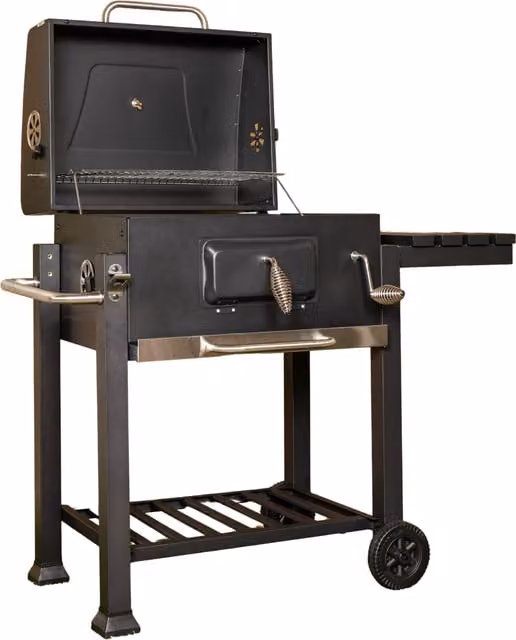 Samuel Alexander Black Steel Charcoal BBQ Trolley with Thermometer, Cover, Wheels and Warming Rack