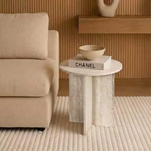 OHS Round Travertine Side Table in Beige with Wooden Legs – 1