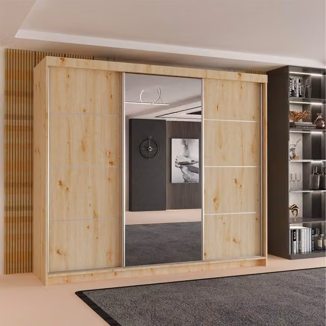 Sliding Wardrobes 4 u Artisan Modern Oak 3 Door Sliding Mirror Wardrobe with Internal Drawers and Shelves in White, Brown and Beige