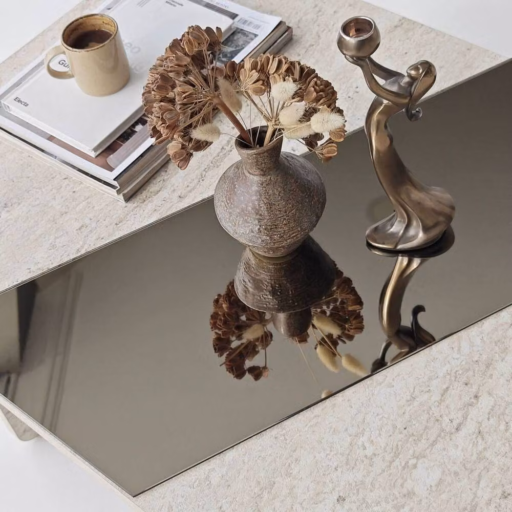 CALICOSY SOLEA Rectangular Coffee Table with Mirror in Stone and Beige, W: 100 cm, D: 60 cm, H: 40 cm – 3