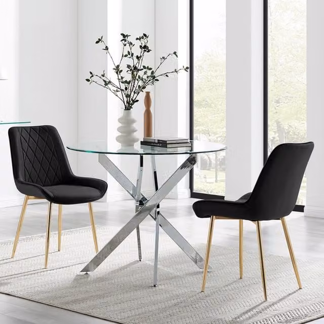 FurnitureboxUK Novara 100cm Round Glass Dining Table and 2 Pesaro Gold Leg Chairs in Black