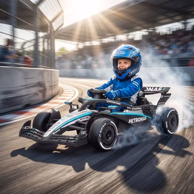 AIYAPLAY Licensed Mercedes-AMG PETRONAS F1 Electric Go Kart for Kids in Black and Multicolour with Rechargeable Battery and Push Handle