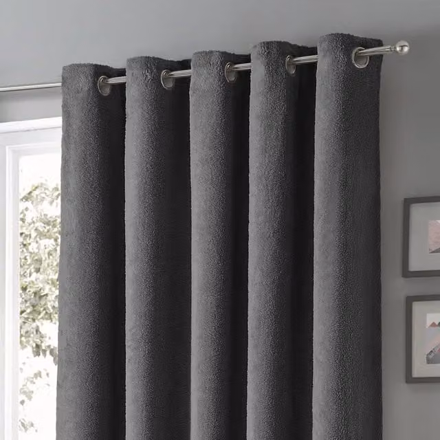 Velosso Charcoal Teddy Fleece Blackout Eyelet Curtains, Thermal Insulating, W: 228 cm, H: 228 cm