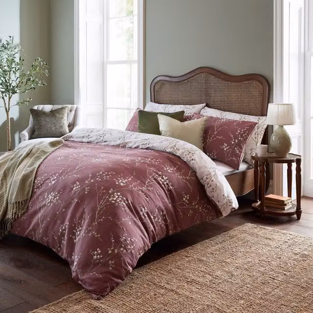Laura Ashley Pussy Willow Reversible Floral Cotton Mako Satin Duvet Cover and Pillowcase Set in Purple and Green