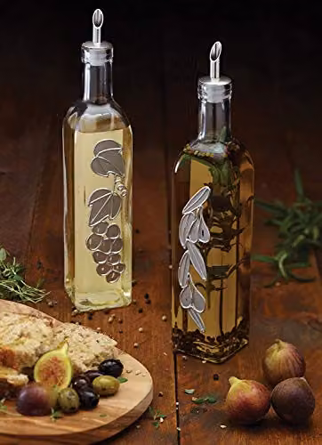 KitchenCraft World of Flavours Set of 2 Transparent Glass Oil and Vinegar Bottles with Floral Decoration – 3