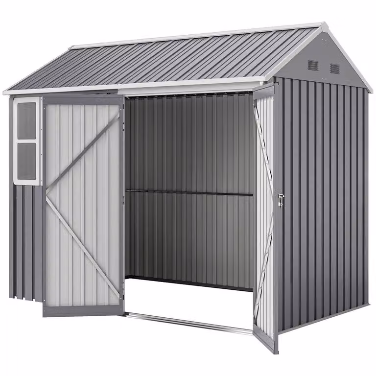Rolipo Galvanised Metal Garden Shed with Double Doors, Window and Vents, Grey, W/D/H: 243.84 x 182.88 x 222.0 cm
