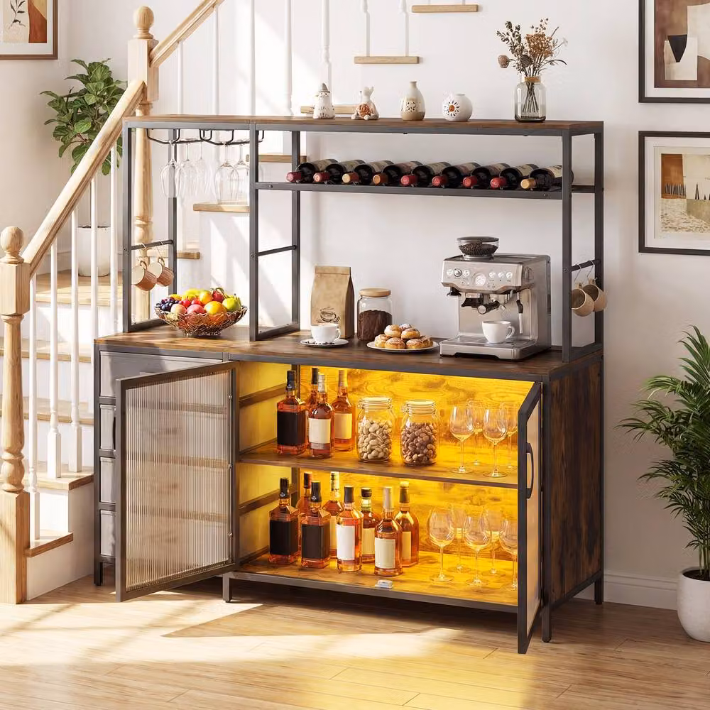 Costway Brown Modern Coffee Bar Cabinet with Charging Station, LED Light, Glass Doors and Bottle Rack – 2