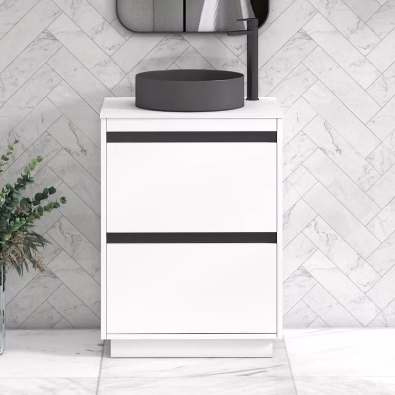 Royal Bathrooms Orion 600mm Matt White Floor Standing 2 Drawer Vanity Unit with Art Round Basin and Black Accent Trim