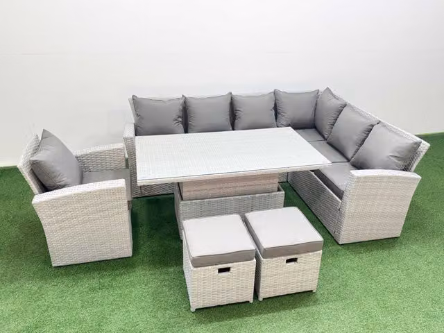 Fimous 9 Seat Rattan Garden Furniture Corner Sofa Set with 2 Small Footstools in Light Grey