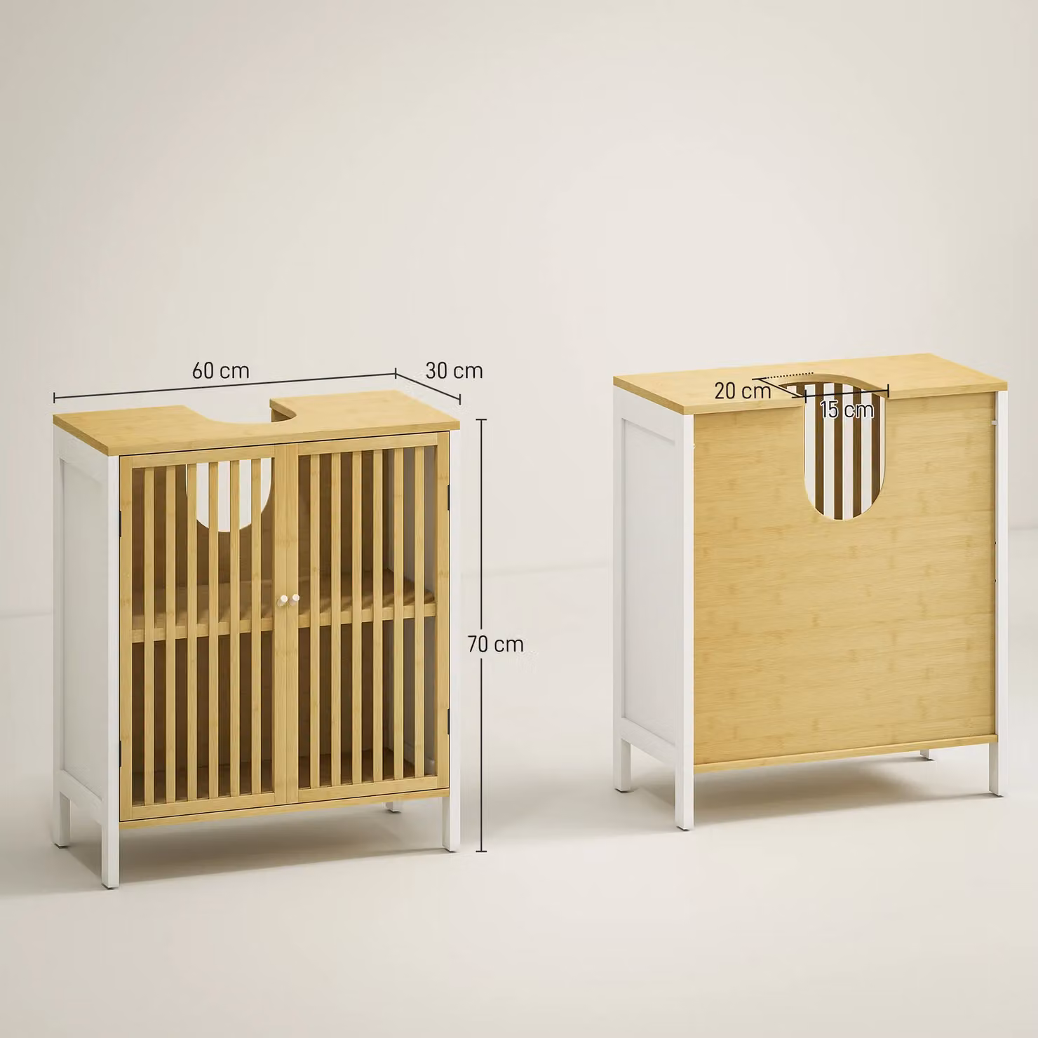 HOMCOM White Under Sink Bathroom Storage Cabinet with Hinged Slat Doors and Internal Shelves – 2