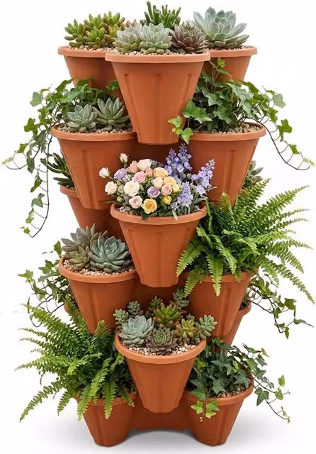 Storm Trading Group Set of 6 Brown Terracotta Trio 3 Pot Strawberry Stacking Planters for Herbs and Flowers