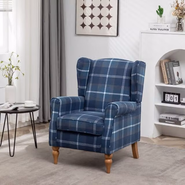 FURNITURE ONE Retro Blue Checked Fabric Wingback Accent Chair with Armrests, W/D/H: 70.0 x 75.0 x 96.0 cm – 1