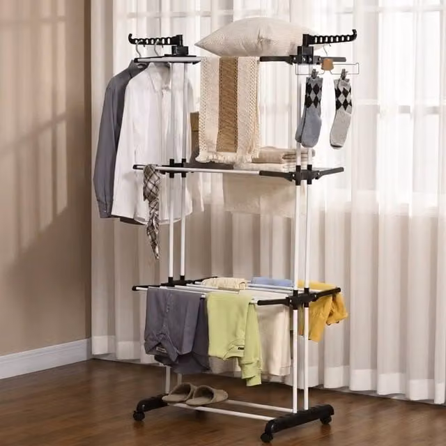 STILVORA 4-Tier Metal Clothes Drying Rack with Wheels and Hooks in Black and White