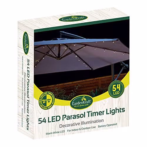 GardenKraft 17660 Warm White LED Parasol String Lights with Auto Timer Functionality, Battery Operated for Indoor or Outdoor Use – 2